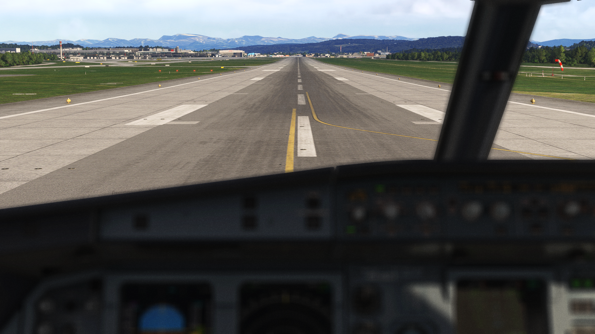 A320 cockpit lined up on the runway at Zurich