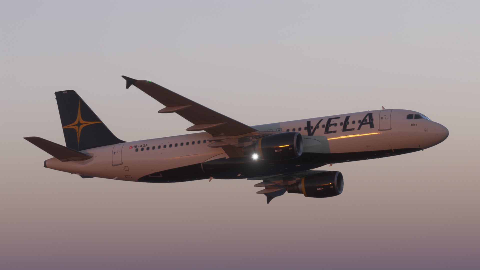 VELA A320 HB-AQA “Bise” climbing out at dusk with landing lights on
