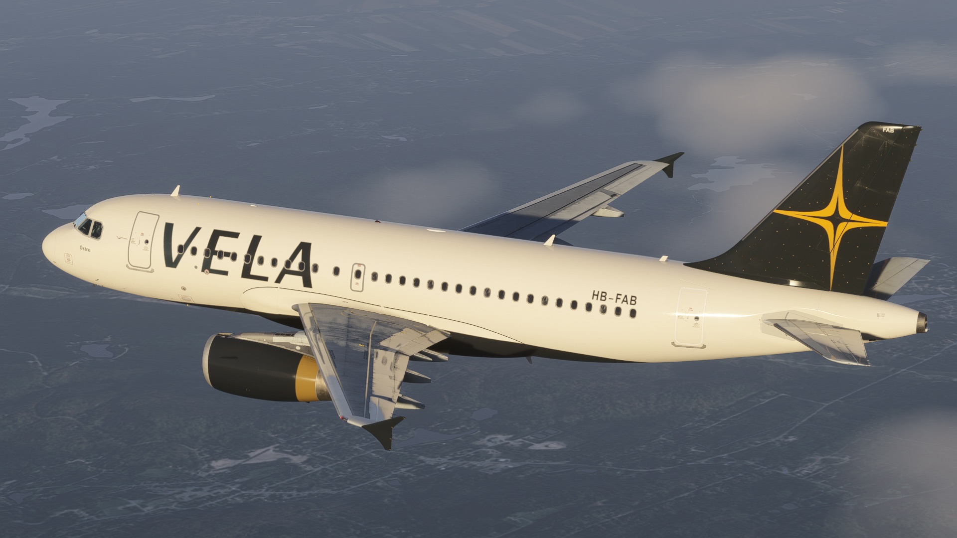 VELA Airbus A319 HB-FAB banking over a broken cloud deck