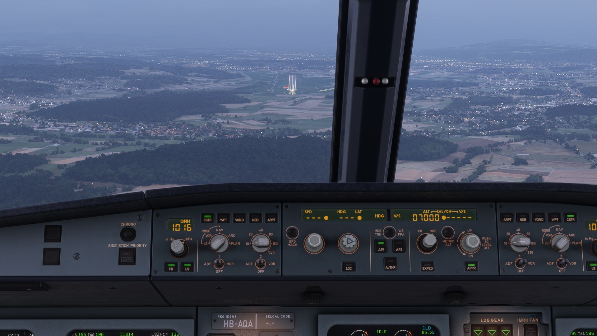 View over the glareshield on final approach to the runway