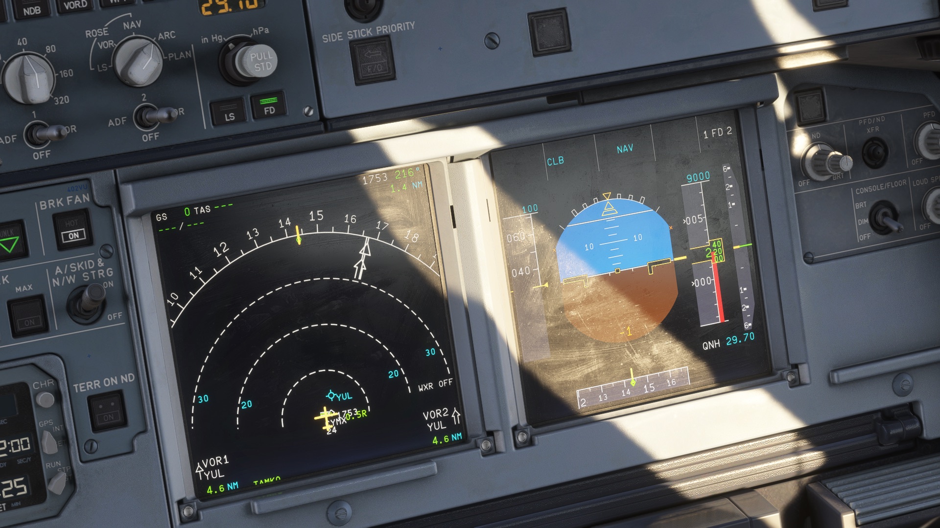 Navigation display and FCU in low sunlight during cockpit preparation